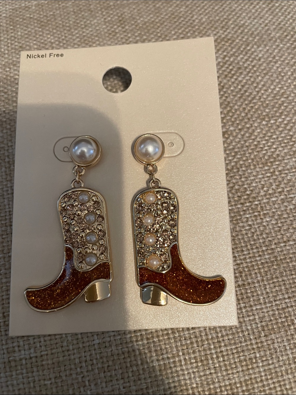Pearl & Crystal Cowboy Boot Drop Earrings - Brown Glitter